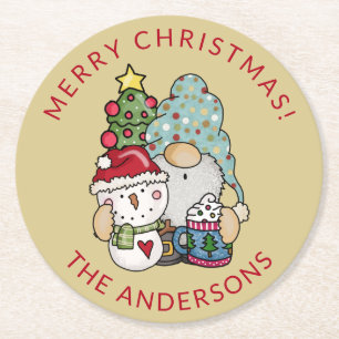 Rustic Festive Gnome Snowman Christmas Round Paper Coaster