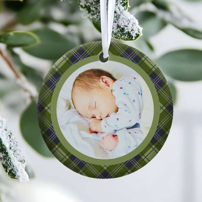 Rustic Festive Green Plaid Babys First Christmas Ceramic Ornament (Creator Uploaded)