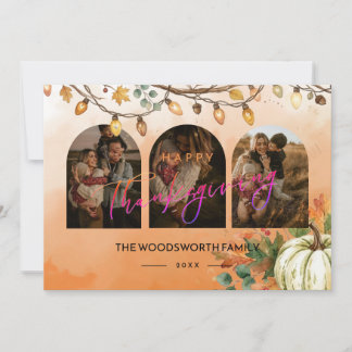 Rustic Festive Lights Thanksgiving 3 Photo Orange Holiday Card