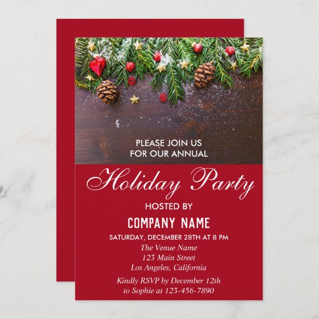 Rustic Festive Red Company Holiday Christmas Party Invitation (Front/Back)