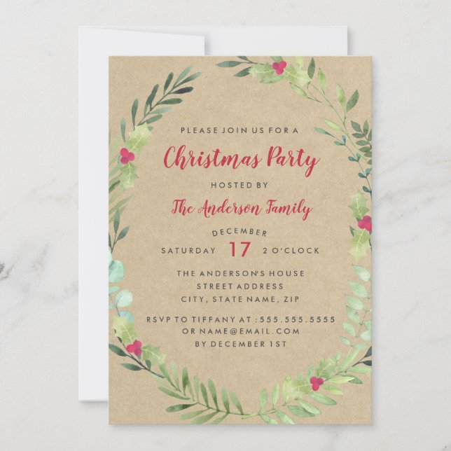 Rustic Festive Watercolor Wreath Christmas Party Invitation (Front)