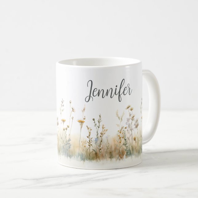 Rustic Field of Wildflowers Monogram Coffee Mug (Front Right)
