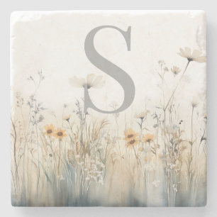 Rustic Field of Wildflowers Monogram Stone Coaster