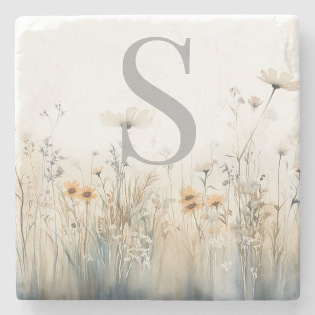 Rustic Field of Wildflowers Monogram Stone Coaster (Front)