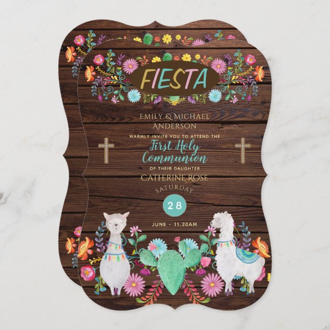Rustic Fiesta First Communion Folk Flowers Llama Invitation (Front/Back)
