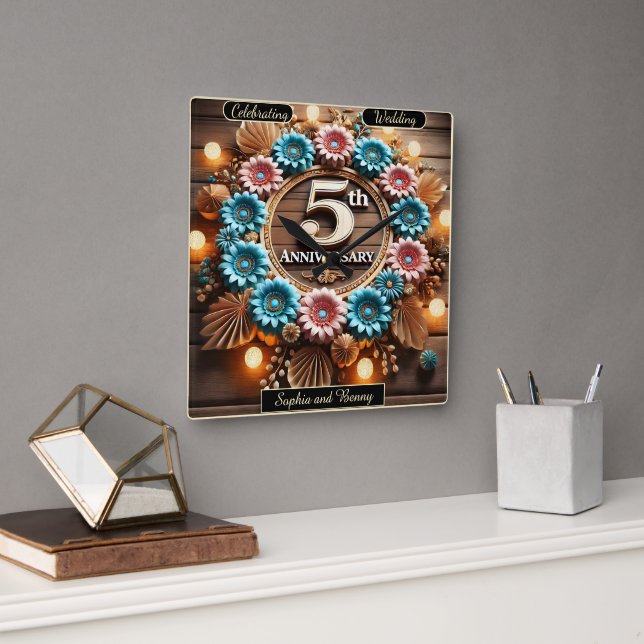 Rustic Fifth 5th Anniversary Floral Square Wall Clock (Office)