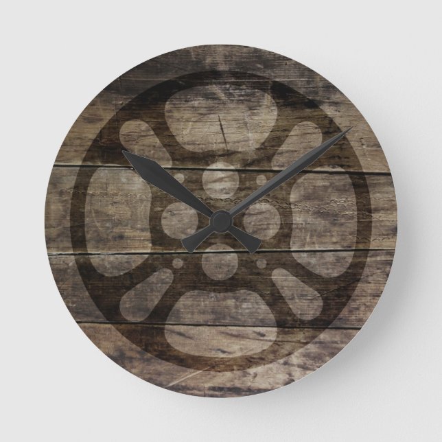 Rustic Film Reel Wood Look Round Clock (Front)
