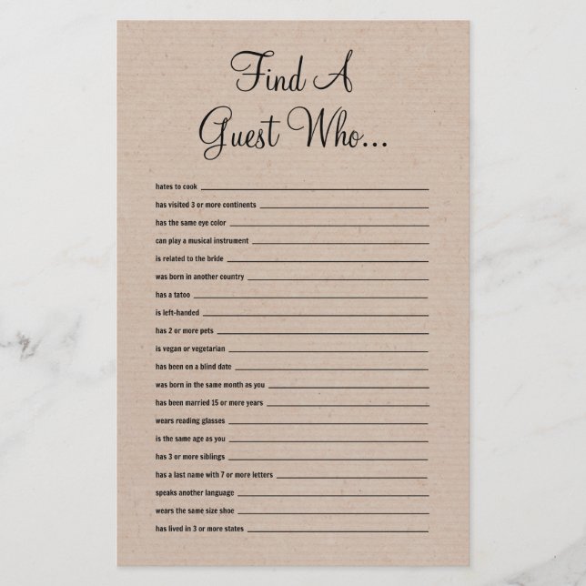 Rustic Find The Guest Bridal Shower Game (Front)
