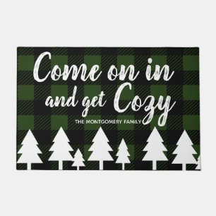 Rustic Fir Trees Black & Green Plaid Get Cosy Doormat