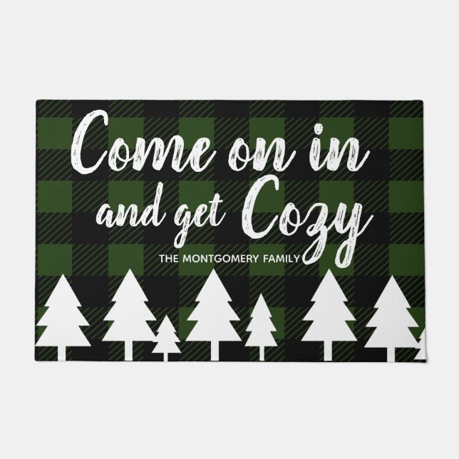 Rustic Fir Trees Black & Green Plaid Get Cosy Doormat (Front)