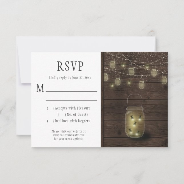 Rustic Fireflies Mason Jars String Lights RSVP Card (Front)
