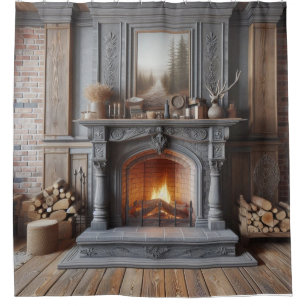 Rustic Fireplace Shower Curtain