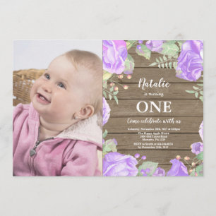 Rustic First 1st Birthday Invitation Purple Floral