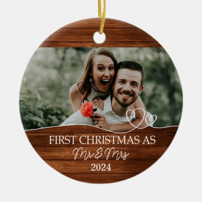 Rustic First Christmas as Mr. & Mrs.  Ceramic Ornament (Front)