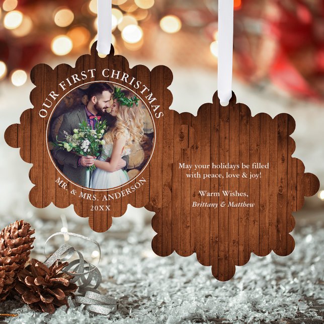 Rustic First Christmas Couple Photo Ornament Card (A greeting card that is also an ornament! Customize with your photo and personalized text.)