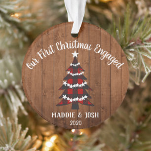Rustic First Christmas Engaged Photo & Plaid Ornament