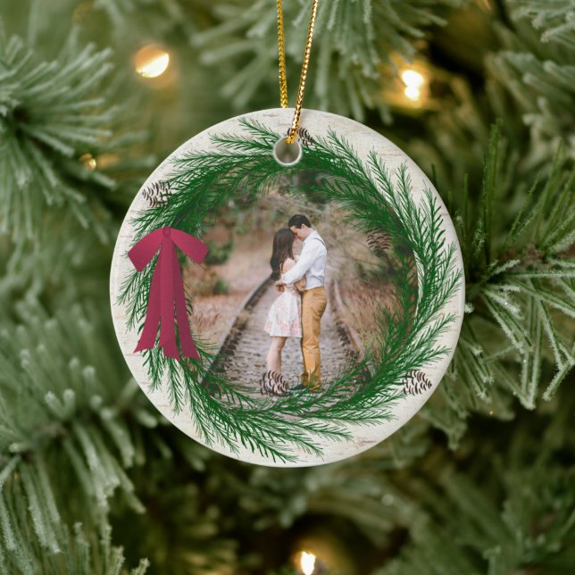 Rustic First Christmas Engaged Two Photo Christmas Ceramic Ornament (Tree)