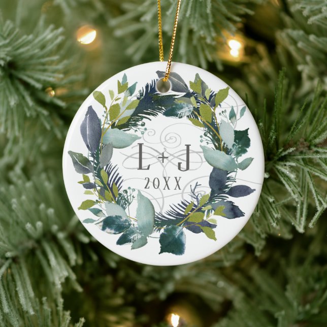 Rustic First Christmas Engaged Wreath Photo Ceramic Ornament (Tree)