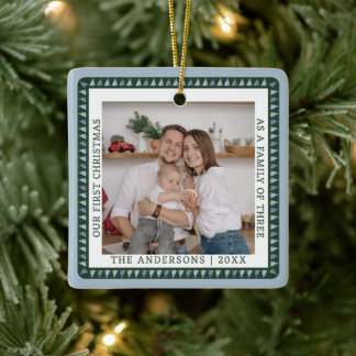Rustic First Christmas Family Photo Double Sided Ceramic Ornament