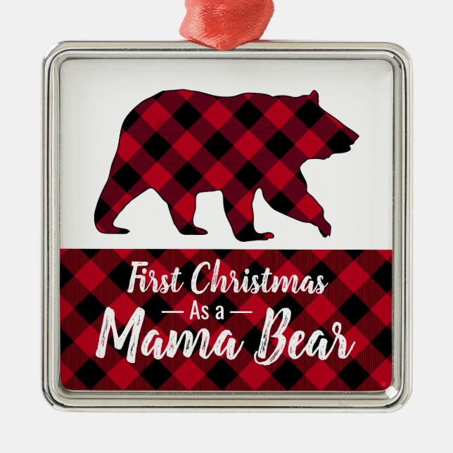 Rustic First Christmas Mama Bear Red Buffalo Plaid Metal Ornament (Front)