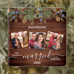 Rustic First Christmas Married Newlyweds 3 Photo Ceramic Ornament<br><div class="desc">Have Yourself a Married Little Christmas! Decorate your tree or send a special gift with this super cute personalised custom newlywed couple photo holiday ornament. Add your favourite photos and personalise with name and year. Ornament is double sided, duplicate design both sides. COPYRIGHT © 2020 Judy Burrows, Black Dog Art...</div>