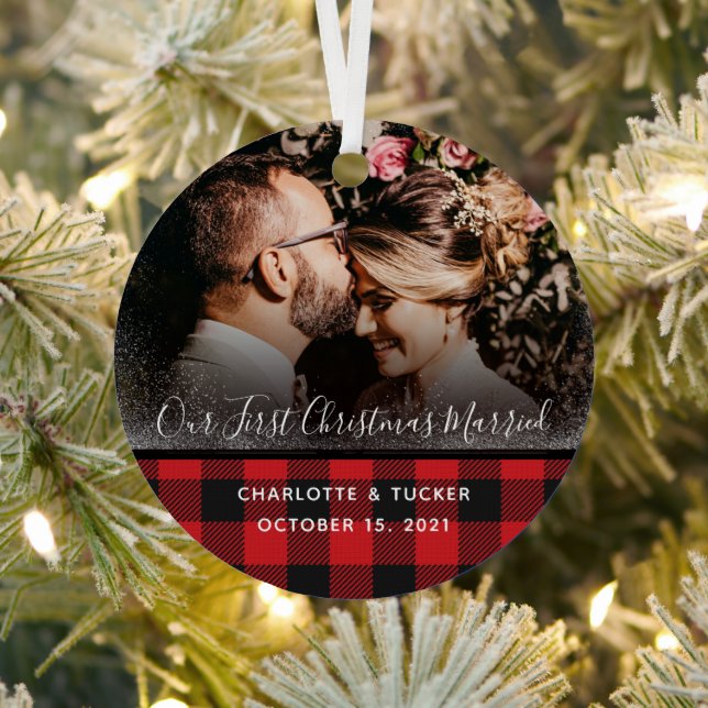 Rustic First Christmas Married Plaid 2 Photo  Metal Tree Decoration (Insitu)