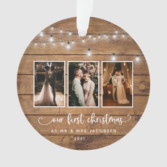 Rustic First Christmas Mr Mrs Photo Collage Lights Ornament (Front)