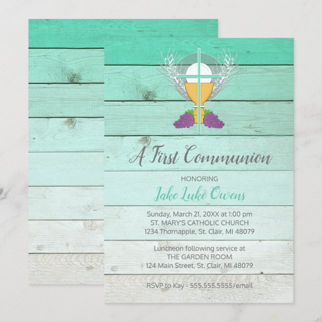 Rustic First Communion Invitation - Blue (Front/Back)