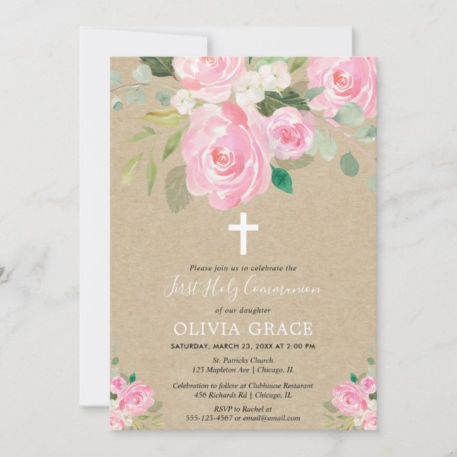Rustic First Holy Communion girl blush pink floral Invitation (Front)