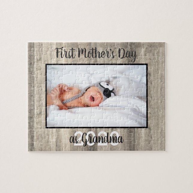 Rustic First Mother's Day Grandma Photo Wood Jigsaw Puzzle (Horizontal)