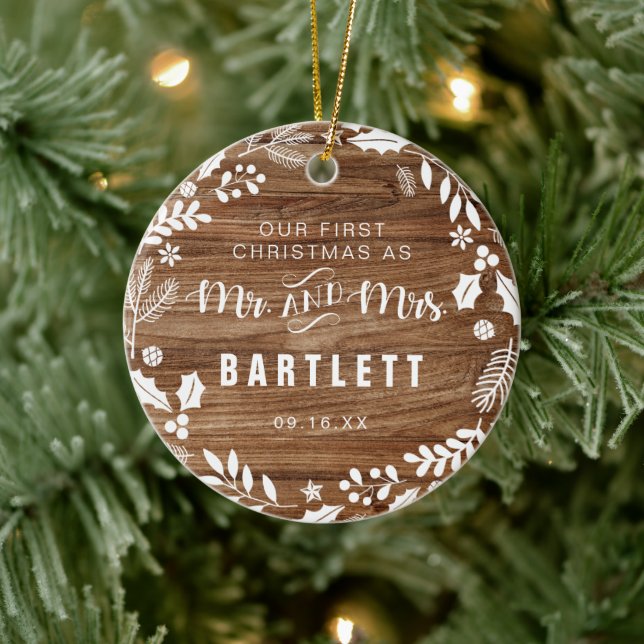 Rustic First Mr and Mrs Christmas Photo Ceramic Ornament (Tree)