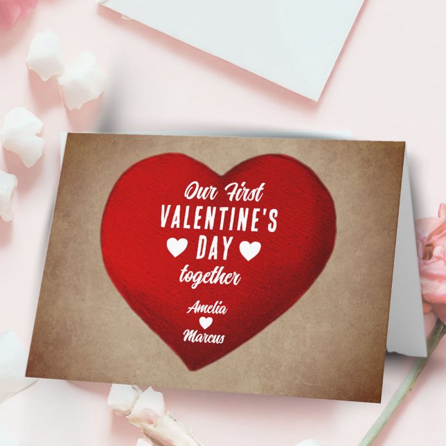 Rustic First Valentine's Day Together Red Heart  Holiday Card (Creator Uploaded)
