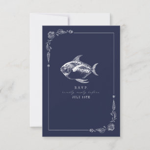 Rustic Fish Dark Blue Beach Wedding RSVP Card