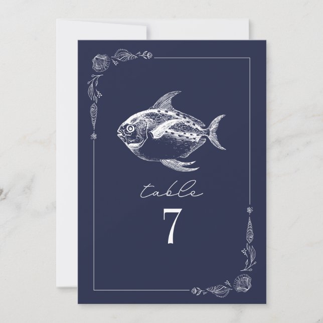 Rustic Fish Dark Blue Wedding Table Number (Front)
