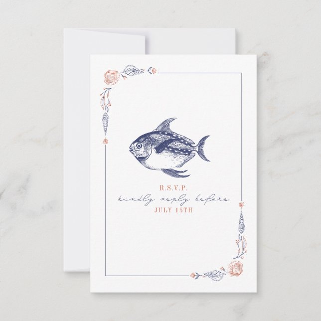 Rustic Fish Red & Blue Beach Wedding RSVP (Front)