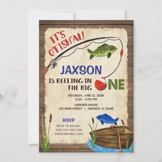 Rustic fishing 1st birthday boy invitation (Front)