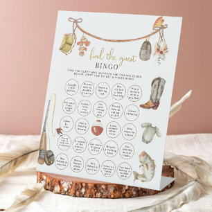 Rustic Fishing Baby Shower Find the Guest Bingo Pedestal Sign