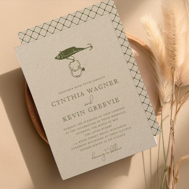 Rustic Fishing Lure Rings Moss Green Kraft Brown Invitation (Creator Uploaded)