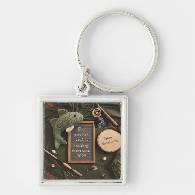 Rustic fishing Pregnancy Announcement dad keepsake Key Ring (Front)