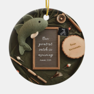 Rustic Fishing-Themed Pregnancy Announcement  Ceramic Ornament
