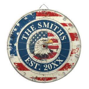 Rustic Flag Eagle Custom Family Name 4th Of July Dartboard