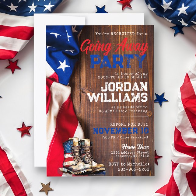 Rustic Flag Military Solider Going Away Party Invitation (Patriotic rustic wood American Flag US Navy Air Force Army Solider Marines Military Going away party)