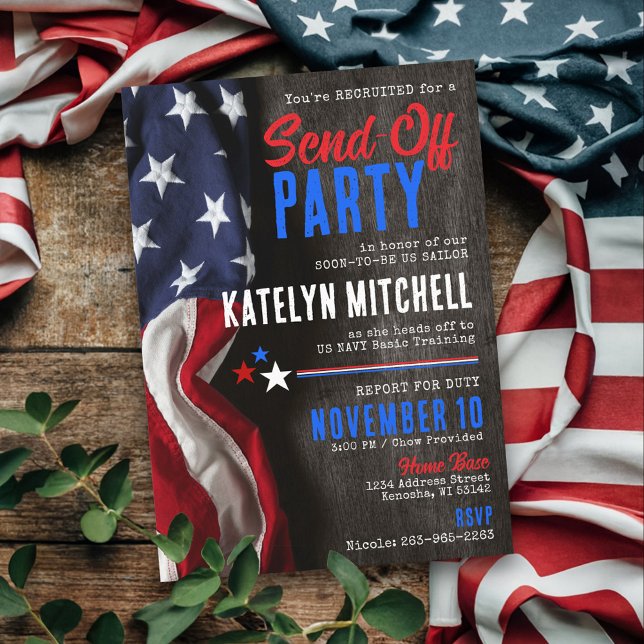Rustic Flag Military Solider Going Away Party Invitation (You're recruited for a Send Off Party, patriotic red white blue USA Flag, going away, farewell party)