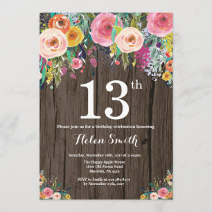 Rustic Floral 13th Birthday Invitation