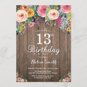 Rustic Floral 13th Birthday Invitation for Women