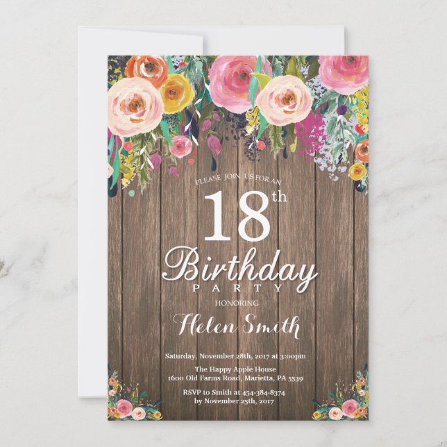 Rustic Floral 18th Birthday Invitation for Women (Front)