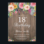 Rustic Floral 18th Birthday Invitation for Women<br><div class="desc">Rustic Floral 18th Birthday Invitation for Women. Watercolor Floral Flower, Rustic Wood Background. Vintage Retro. Adult Birthday. Women Girl Lady Teen Teenage Bday Bash Invite. 13th 15th 16th 18th 20th 21st 30th 40th 50th 60th 70th 80th 90th 100th. Any Age. For further customisation, please click the "Customise it" button and...</div>