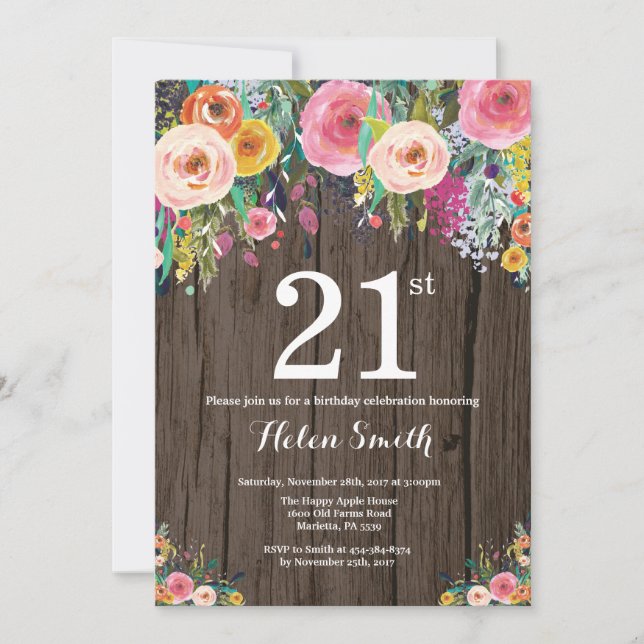 Rustic Floral 21st Birthday Invitation (Front)
