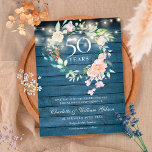 Rustic Floral 50th Anniversary Save the Date  Announcement Postcard<br><div class="desc">Featuring a delicate watercolor roses floral greenery garland and string lights on blue rustic wood background, this chic botanical 50th wedding anniversary save the date card can be personalised with your special golden anniversary information. The reverse features a matching floral garland framing your anniversary dates in elegant white text on...</div>