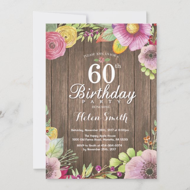 Rustic Floral 60th Birthday Invitation for Women (Front)